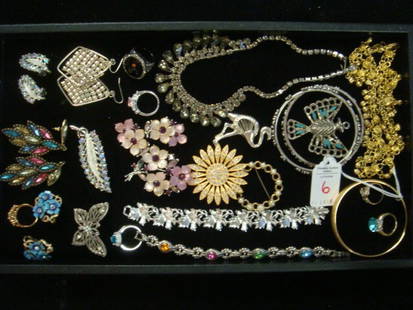 Vintage Costume Earrings, Pins, Bracelets, Necklace:: Vintage Costume Earrings, Pins, Bracelets, Necklace: Thai Anklet, Peyote Bird Pendant, 4 Pairs of Pierced and Clip Earrings, 5 Rings With Stones. LISNER Clip Earrings, Bracelet & Pin, Sunburst,