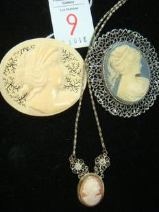 Three Cameo Pins and Necklace:: Three Cameo Pins and Necklace: Each Faces Left. Light Blue Brooch, Seen in Good House Keeping, 2 1/4". Ivory Color Relief, Molded with Pierced Background is 2" X 2 1/4". Shell Carved Pendant in Gold