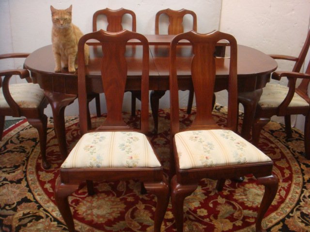 HENKEL-HARRIS Queen Anne Style Wild Cherry Dining Set:: HENKEL-HARRIS Queen Anne Style Wild Cherry Dining Set: Oval Table with 3 Additional 12" Leaves Accompanied by Six Queen Anne Style Dining Chairs, 2 Arm and 4 Side with Floral Upholstery on Ivory Groun