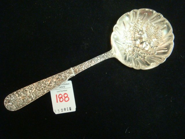 S.KIRK & SON CO Sterling Silver Repousse Berry Spoon:: S.KIRK & SON CO Sterling Silver Repousse Berry Spoon: Berry or Casserole Spoon is 9"L. Relief Berries in Bowl. 3.88 oz. (100-200)