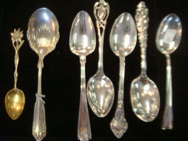 Seven Sterling Silver and Brass Spoons:: Seven Sterling Silver and Brass Spoons: Five Sterling Silver Teaspoons Include 2 Gorham, Both Monogrammed, Lunt Monticello, Wendell Cleveland Souvenir Spoon and Watson Spoon. 3.74 Oz. Sugar Shell Mark