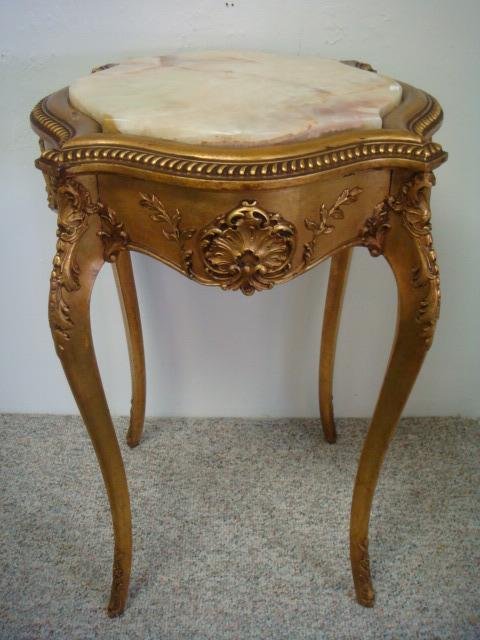 Belle Époque Gilt Wood Side Table w/Alabaster Inset:: Belle Époque Gilt Wood Side Table w/Alabaster Inset: Bracket Border on Tall Cabriole Conforming Legs. Inset Alabaster Top. Foliate and Scrolling Designs on Four Sides of Frieze and on Knees of Legs.