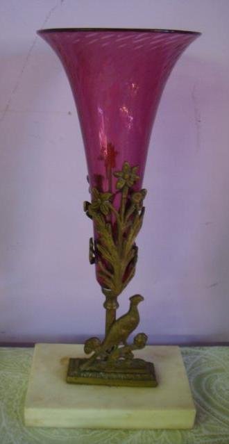 Victorian Glass Trumpet Vase in Brass Holder:: Victorian Glass Trumpet Vase in Brass Holder: Cranberry Glass Vase in Diamond Quilt Pattern Sets in Brass Floral and Pheasant Stand on Marble Plinth. 13"T. (120-180)
