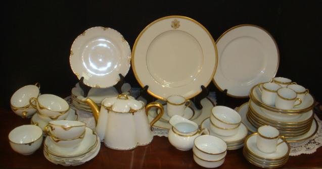 Gold Rim Havilland Limoges & WILSON Presidential China:: Gold Rim Havilland Limoges & WILSON Presidential China: 2 Dinner Plates Wilson Pattern MONTCLAIR China with Presidential Seal. Havilland Limoges Gold Rim Tea Set with Pot, Creamer, 6 Each Cups, Saucer