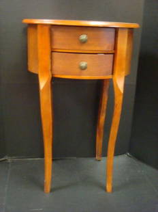 Petite Oval Two Drawer Side Table:: Petite Oval Two Drawer Side Table: Console Table with 16 1/2" x 13" Overhang Beveled Top. Drawers have Round Metal Pulls, Slightly Bowed Saber Legs. 26" Tall. (80-120)