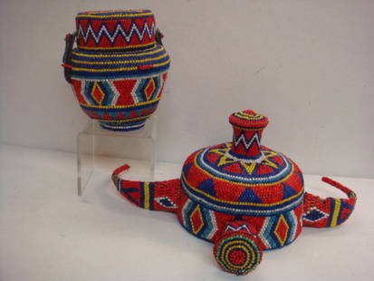 Tibetan Ceremonial Beaded Hat & Basket, Early 20th C:: Tibetan Ceremonial Beaded Hat & Basket, Early 20th C: Red is Important Sacred Color in Buddhist Religion. Strings of Glass Beads are laid on Rattan Frames of Hat with distinctive Ear/Horns and Basket