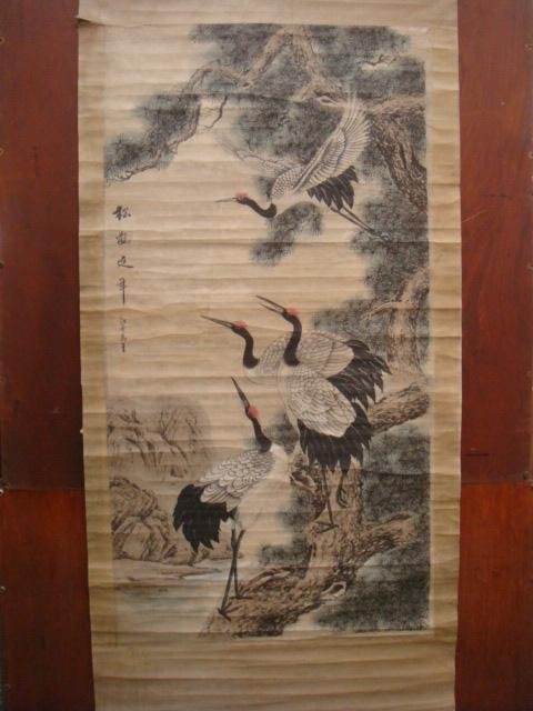 Hand Painted & Signed Japanese Wall Scroll:: Hand Painted & Signed Japanese Wall Scroll: Four White Cranes in Landscape, Signed Left Center. Pines and Cranes Represent Long Life and Good Fortune. Ink on Paper in Edo Period Style with Scroll Rod 