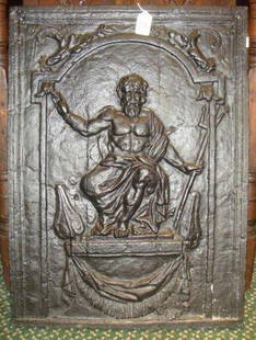 Cast Iron Fireback with Poseidon or Neptune:: Cast Iron Fireback with Poseidon or Neptune: Heavy Cast Iron Depicting Raised Relief Greek God Poseidon or Roman Neptune with Trident. Gloss Black Paint. 25 1/2"x 18 1/2" X 1". (400-600)