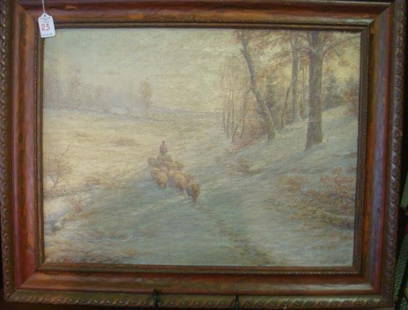 Sheep Herder Oil on Canvas Signed CHARLES A WATSON:: Sheep Herder Oil on Canvas Signed CHARLES A WATSON: Signed LL. Listed Baltimore MD Artist, 1857-1923. Skilled Colorist Noted for Tonal Landscapes. Liked to Capture Moments Obscured by Mist and Haze.