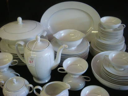 63 Pieces of ROSENTHAL White Velvet Dinnerware:: 63 Pieces of ROSENTHAL White Velvet Dinnerware: Platinum Trim, Aida w/White Leaves & Berries, Service for 8. Dinner, Salad & Bread Plates, Soup & Berry Bowls, Cups/Saucers, Coffee Pot, Platter, Open