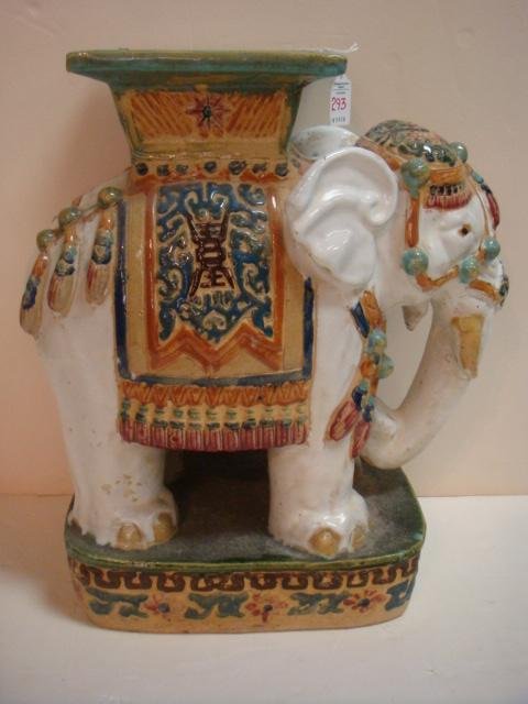 Ceramic Pachyderm Garden Stool:: Ceramic Pachyderm Garden Stool: Fire Glazed 21"T Handpainted Elephant in Chinoiserie Style with Asian Medallion and Butterflies on Top of Howdah. Multicolored Blanket and Base. Trunk Curled Up for Goo