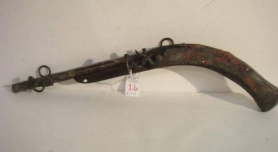 Antique Decorator Art Pistol:: Antique Decorator Art Pistol: Metal Barrel and Hammer on Wooden Grip and Fore Stock. 19"L. (100-200)