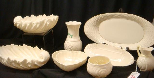 Five Belleek and Four Lenox Pieces of China:: Five Belleek and Four Lenox Pieces of China: Belleek Shamrock Vase, 5 3/4"T. Shell Design Creamer, 3 1/2"T. Open Sugar, 2 1/2"T and Two Nesting Heart Shaped Candy Dishes. Pair of 9"L Acanthus Nautilus