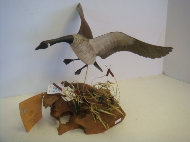 CLARENCE T SANDERS Wildfowl Replicas, Flying Goose:: CLARENCE T SANDERS Wildfowl Replicas, Flying Goose: Carved and Hand painted Canada Goose is Attached to Wire. Appears to be Flying over Driftwood with Metal Cattails and Reeds. Carver from Elizabeth, 