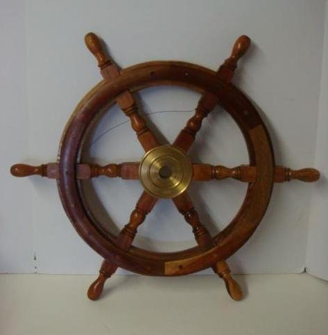 Wood and Brass Ship's Wheel:: Wood and Brass Ship's Wheel: With Turned Wood Spokes and Handles, Brass Center Hub. 25" Diameter, Excellent Condition, Upgrade your Yacht or Bar. (100-200)