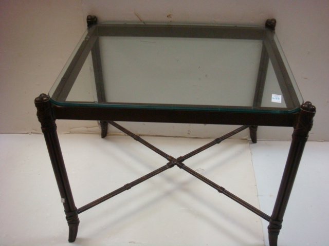 Glass Top Side Table with Faux Bamboo Metal Base:: Glass Top Side Table with Faux Bamboo Metal Base: Beveled Rounded Edge Glass Top, Resting on Chestnut Weave Pattern, Covered Metal Base. 3 Combined Slay Leg Poles Bound w/"Leather" Make-up the 4 Legs,
