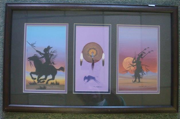 Tryptic Native American Art, Timothy Tate Nevaquaya:: Tryptic Native American Art, Timothy Tate Nevaquaya: Comanche Painting in Traditional Imagery. Style Depicts 2 Dimensional Representations. Warrior Dancer and Shield, Son of Doc Tate. Each Signed LR.