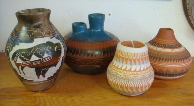 Four Pieces of Signed NAVAJO Clay Pottery:: Four Pieces of Signed NAVAJO Clay Pottery: Carol Johnson Etched Horse Hair Pottery Vase has Etched Buffalo on One Side, Horse Hair Burned Into Vase to Make Interesting and Unique Pattern. E Etsitty Va