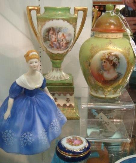 ROYAL DOULTON Figurine, Porcelain Jar, Box and Urn:: ROYAL DOULTON Figurine, Porcelain Jar, Box and Urn: Royal Doulton Nina Figurine in Blue Dress #HN-2347, 7 5/8"T. Royal Weltin, Germany Portrait Jar with Lid, 7 1/2"T. Limoges, France Blue Trinket Box 