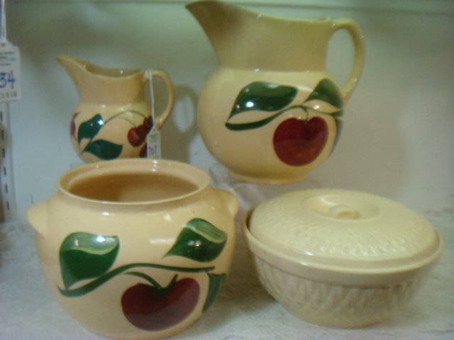 WATT Pottery Pitchers, Bean pot and HULL Dish:: WATT Pottery Pitchers, Bean pot and HULL Dish: Watt Apple Three Leaf Pattern Pitcher with Ice Lip, 8"T (Chip on Lip). Cherry Pattern, 1 Pint Pitcher (Crazing) 5 1/2"T. Apple Three Leaf Pattern Bean Po