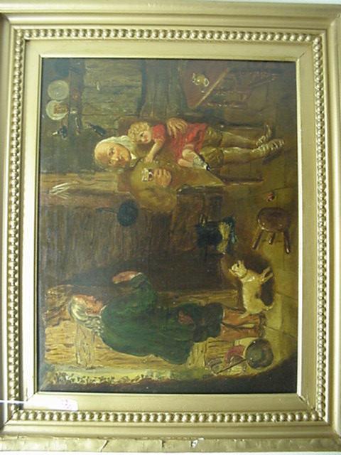 J. WARD Signed Oil on Canvas in Vintage Frame: J. WARD Signed Oil on Canvas in Vintage Frame: Interior of English Country Squires Home. Signed Lower Right. 13 1/2" X 17 1/2". Minor Repairs. 3" Gold Frame with Bead Liner. Buyers are reminded that i