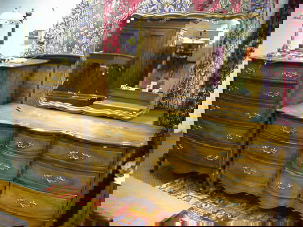 3 Piece French Influenced Fruitwood Bedroom Set: 3 Piece French Influenced Fruitwood Bedroom Set: Includes 9 Drawer Dresser with Mirror, 5 Drawer Chest, King size Bed with Frame. All Have Ornate Brass Pulls. Buyers are reminded that items are of con