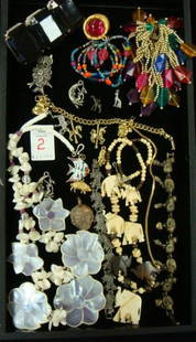 Selection of Ladies Costume Jewelry:: Selection of Ladies Costume Jewelry: 2 Large Pr. Clip Earrings, Owl Pin, Stretch Bracelet, Lavender Floral Necklace, Marquisite Cat Bracelet & Bronze Cat Bracelet. Loose Charms of Giraffe, Cat, Pig