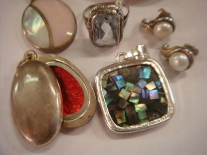 Collection of Ladies Costume & Sterling Jewelry:: Collection of Ladies Costume & Sterling Jewelry: 925 Cultured Pearl Pierced Earrings. 925 Pendant with Abalone Chips Oval Locket, Pink & White Shell Pendant. Silvered Cuff Bracelet Size 6 1/2, 835