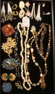 Collection of Ladies Costume Jewelry:: Collection of Ladies Costume Jewelry: Pierced and Clip Earrings with Enamel and Beads. Lapel Pins with Colored Stones and Enamel. Some Pieces Include Avon. Four Necklaces with Tumbled Stones, Pierced