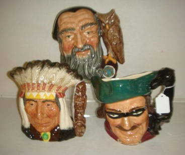 Three Large ROYAL DOULTON Character Jugs:: Three Large ROYAL DOULTON Character Jugs: Includes Merlin D6529, 1959, 7"T. Dick Turpin D6528, 1959, 7"T. North American Indian D6611, 1966, 7 1/2"T. (140-250)