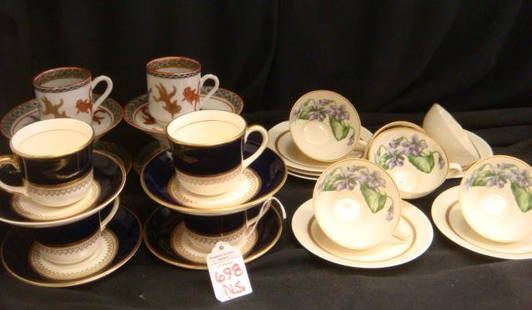 Three Demitasse Cup & Saucer Sets:: Three Demitasse Cup & Saucer Sets: Each Set w/4 Cups & Saucers. Includes Chinese Made Goldfish, English Ambassador Wear w/Cobalt Edge & Gold Rimmed Accents and Franciscan Olympic of Violets on White