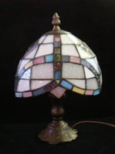 Metal Lily Pad Base Boudoir Lamp, Stained Glass Shade:: Metal Lily Pad Base Boudoir Lamp, Stained Glass Shade: Base Marked L&L WMC (Loevsky & Loevsky White Metal Castings) 9806 Candle Lamp. Ca 1970's. Textured White Glass Dome Shade with Colored Glass