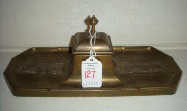 Brass Inkwell with Milk Glass Insert: (1 of 3)