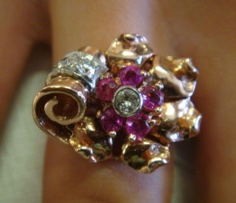 10KT Rose Gold Ruby and Diamond Flower Ring: (1 of 3)