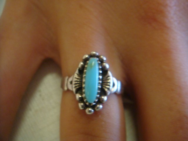 Two Sterling & Turquoise Ring and Turquoise Cuffs:: Two Sterling & Turquoise Ring and Turquoise Cuffs: Size 6 Ring with Elongated Bezel Set Stone and 925 Band. Size 7 1/2, Rope Edge Silver Band. Two Cuff Bracelets, 1 Marked Sterling, Medium Color w/Smo