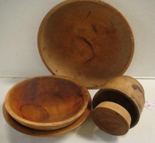 Three Primitive Turned Wood Bowls and Butter Stamp: (1 of 4)