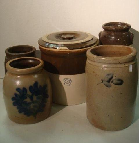 Collection of Five Crocks and Churns, Various Sizes: (1 of 3)