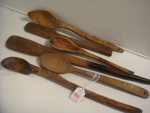 Six Primitive Hand Carved Spoons and Spatulas: (1 of 3)