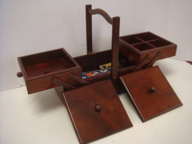 Mid 20thC. Double Sided Mahogany Finish Sewing Box: (1 of 3)