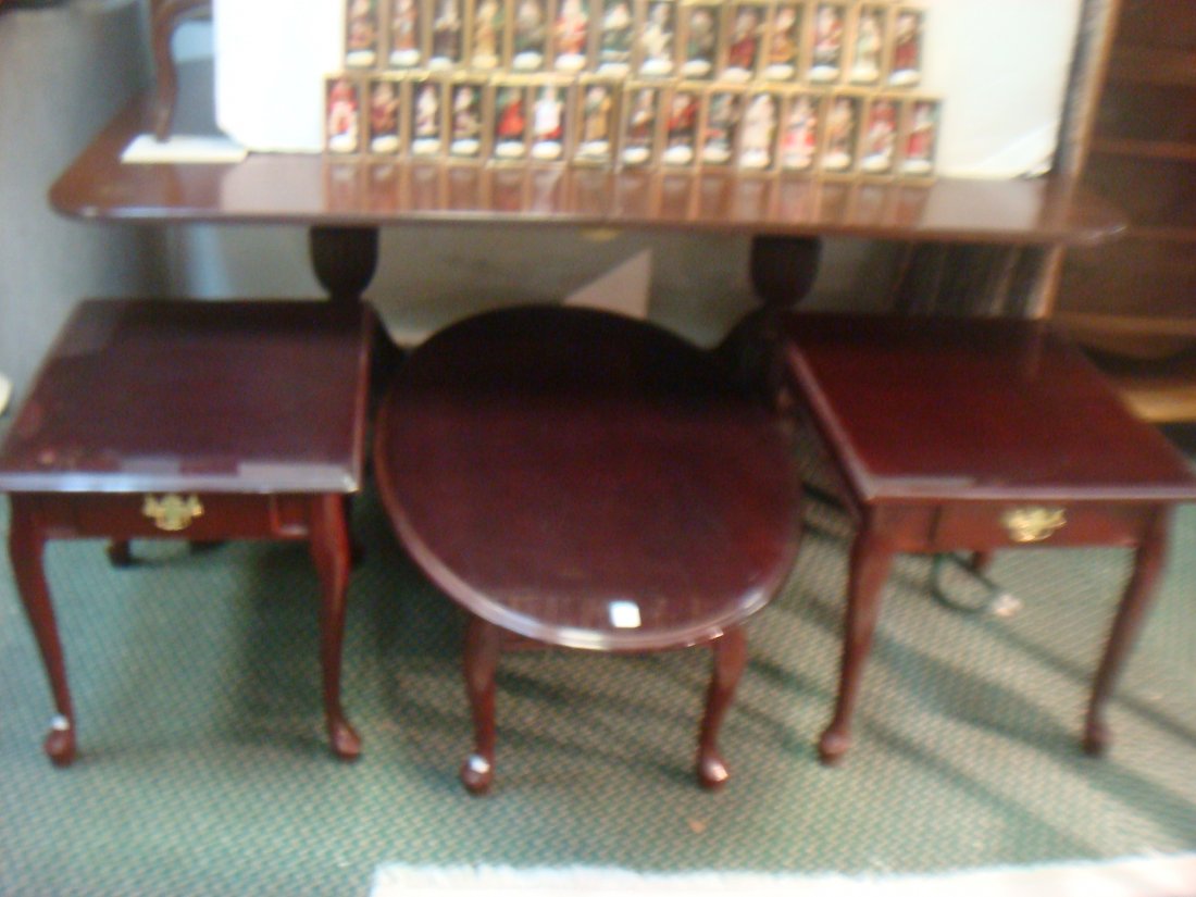 Oval Coffee and Two Deep Mahogany Stained End Tables: (1 of 3)