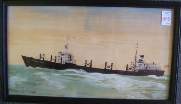 Gouache on Paper, Steam Ship Michael Tracy:: Gouache on Paper, Steam Ship Michael Tracy: Signed J Ann Dainty, Dated 1958. Scow Hauled Coal From Newport News North in Late 50's. In 3/4" Wood Frame. Framed to 19 1/2" X 11 1/2" Overall. (100-200)