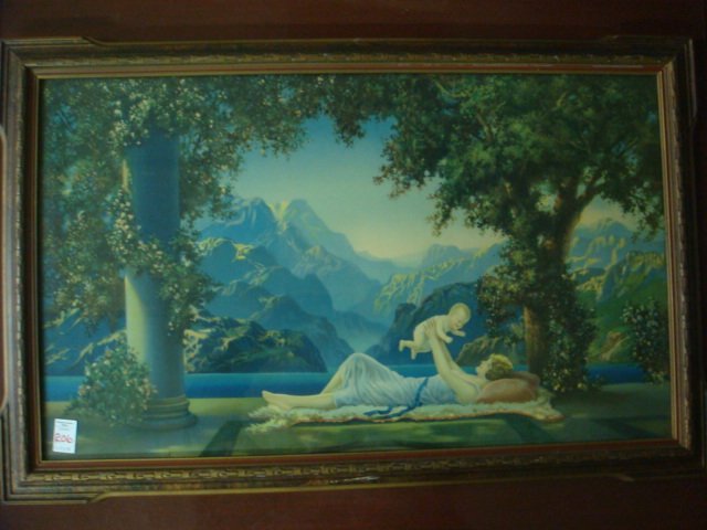ROBERT ATKINSON FOX, "Lovers Paradise" Print:: ROBERT ATKINSON FOX, "Lovers Paradise" Print: Ca. 1925, In the Style of Maxfield Parrish. Art Deco Print is 18"T X 29 1/2"W in 2" Original Frame. FOX Used Over 40 Pseudonyms When Working and was a Pop