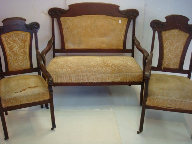 Empire Mahogany Settee and Arm Chairs.: Empire Mahogany Settee and Arm Chairs. Settee and Chairs have Curving Arms and Legs, Carved Leaf Scrolls on Back Corners. Brushed Floral Pattern Corduroy Upholstered Seats and Backs. Pleated Fronts. F