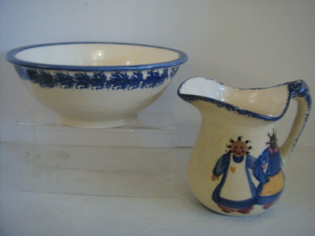 Spongeware Pitcher and Bowl with Ethnic Characters: (1 of 3)