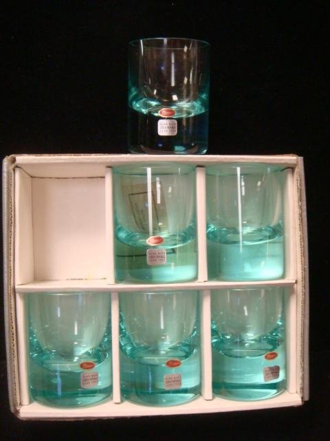 MOSER Set of Six Whiskey Shot Glasses in Box:: MOSER Set of Six Whiskey Shot Glasses in Box: Aquamarine Color, Designed by Oldrich Lipa in 1968. Smooth Cylindrical Shape with a Thick "Strengthened" Bottom. 2 3/4"T. Moser is Known as "The Glass of 
