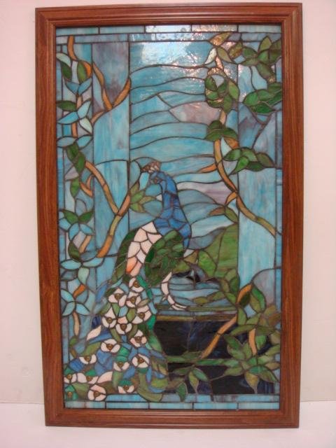 Stained Glass Peacock Window Panel:: Stained Glass Peacock Window Panel: Hand cut with Copper Foil and Solder Construction. Vibrant Construction in Exotic Bird. Inspired by the 1800's Tiffany Window. Give Your Room Light & Color. 37" X 2