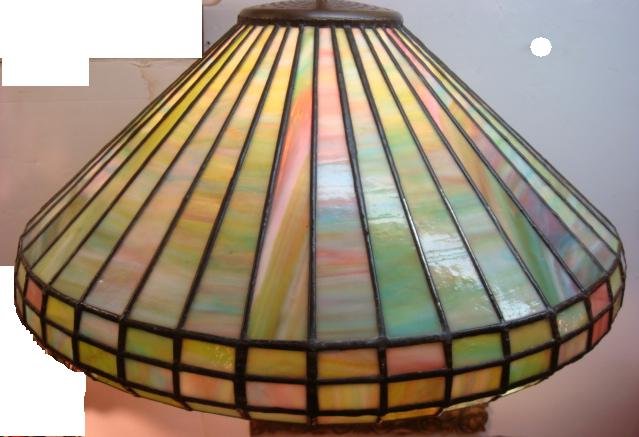 Large Geometric Stained Glass Ceiling Shade:: Large Geometric Stained Glass Ceiling Shade: Hand-made Stained Glass Shade with Soft Greens and Blues. 8"T X 20 1/2"Dia. Excellent Condition. Our Base not Included. (400-800)
