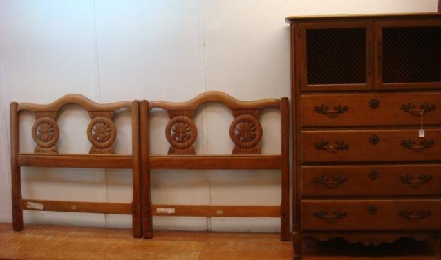 BAKER Twin Headboards, Chest and Bedside Stand:: BAKER Twin Headboards and Chest: Pair of Twin Headboards with Metal Rails have Carved Stylized Pineapples in Circles. 40"T 38 1/2"W. Four Drawer Chest with Double Door Top Having Open Screen Doors. Br