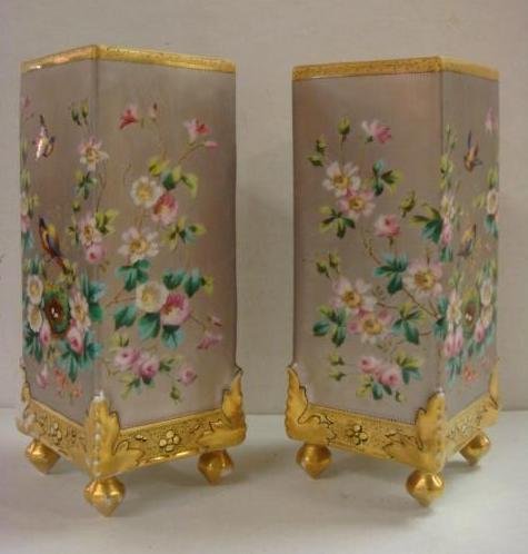 Pr. of Hand painted Unmarked Japanese Porcelain Vases:: Pr. of Hand painted Unmarked Japanese Porcelain Vases: Tall, Rectangular Footed Vases, 9 1/2"T. Silver Ground w/H.P. Painted with Floral Sprays, Birds & Nest Accented w/Gilt Rim, Base and Feet. Lovely