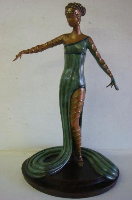 ERTE "Le Marveilleuse" Limit Edition Bronze Sculpture:: ERTE "Le Marveilleuse" Limit Edition Bronze Sculpture: Signed on Base, Numbered 70/250, RKP Int. Corp. 1980. Lady in Flowing Green Gown on Stepped Bronze Base, 15 1/2" x 7 1/2" x 9 3/4" Under Base is